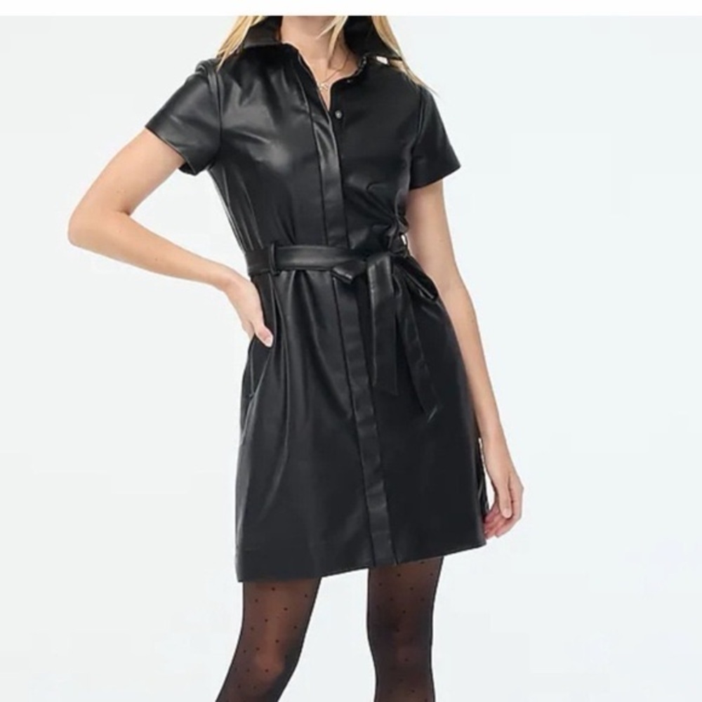 J crew Faux Leather Shirt Dress with Tie Belt - Black